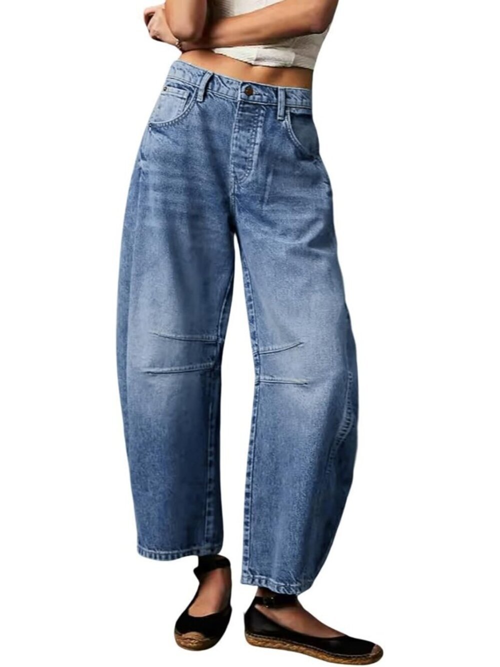 Women's Blue Stretchy Mid Rise Barrel Jeans Vintage Loose Wide Leg Jeans